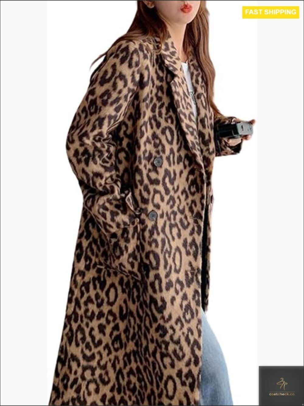 Leopard Print Wool Blend Pea Coat Double Breasted Trench Overcoat Winter Warm